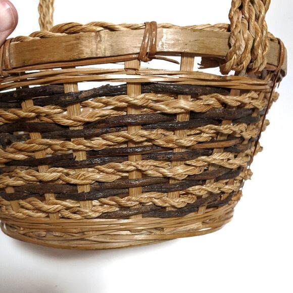 Wicker Braided Tall Handle Basket Two Tone Boho - Picture 3 of 5